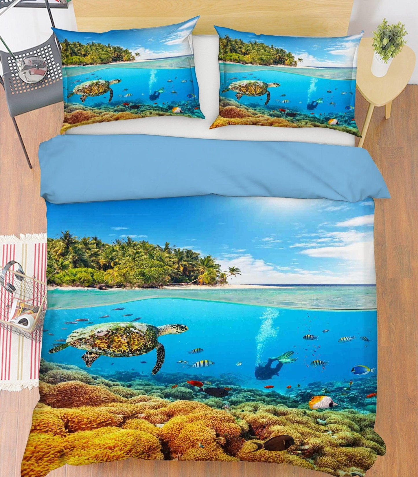 3D Blue Forest Sea Turtle Coral Fish Diving Quilt Cover Set Bedding Set Pillowcases 10