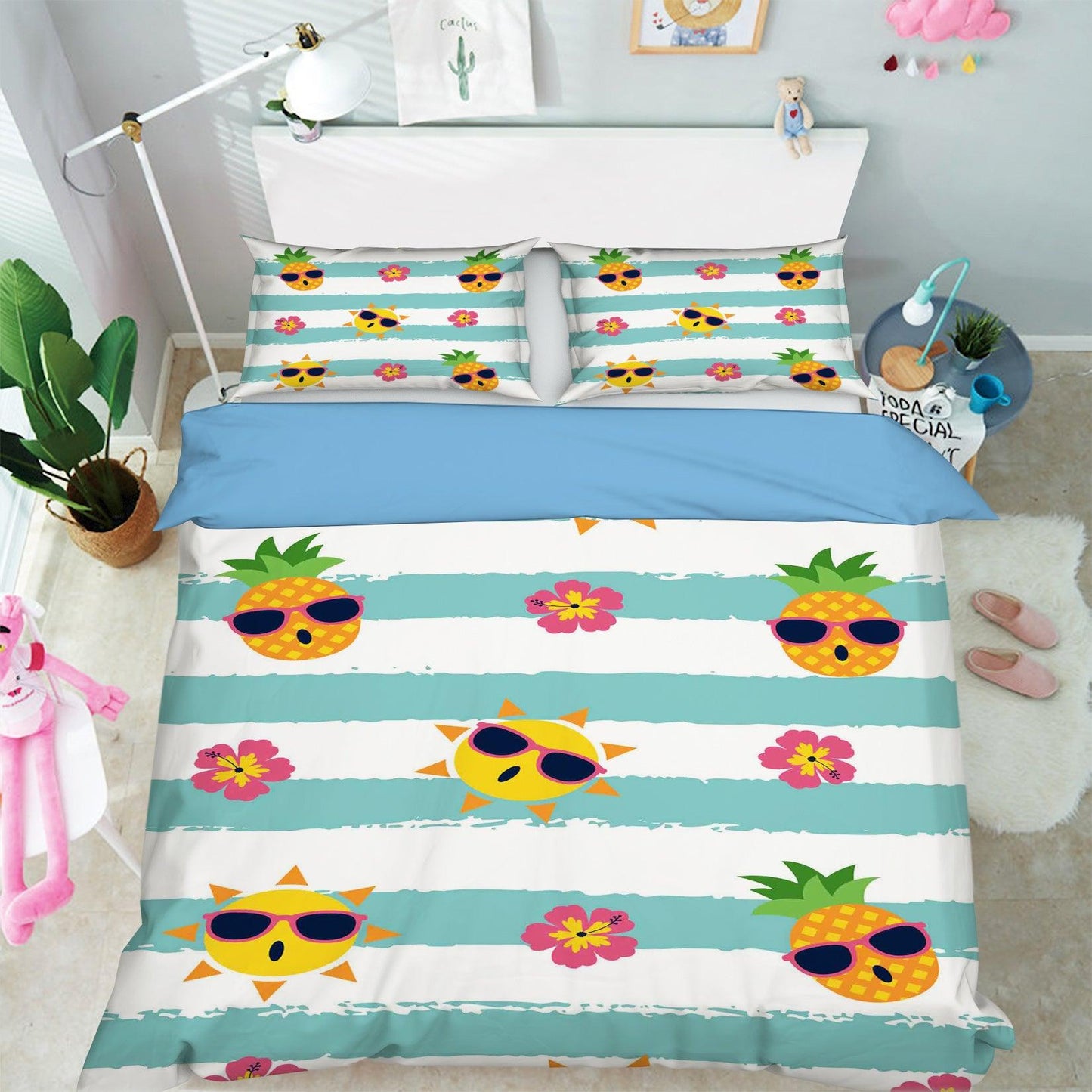3D Blue Stripes Pineapple Sun Quilt Cover Set Bedding Set Pillowcases 02