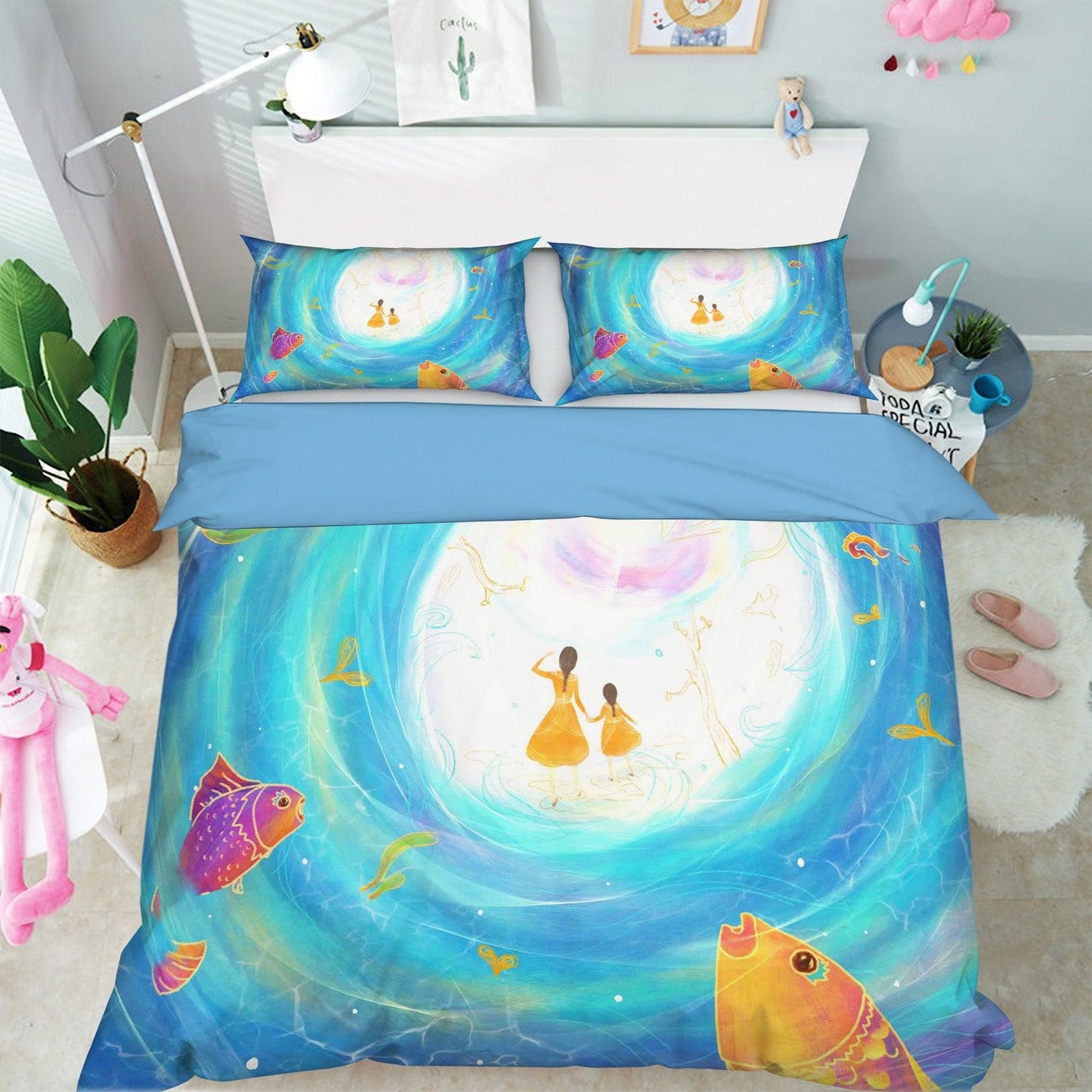 3D Blue Sea Fish Mother Daughter Quilt Cover Set Bedding Set Pillowcases 85