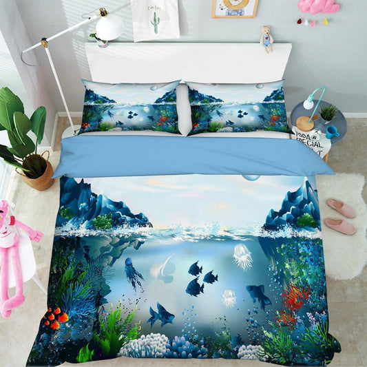 3D Blue Seabed Coral Fish Jellyfish Quilt Cover Set Bedding Set Pillowcases 75