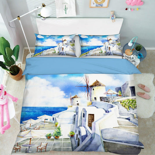 3D Blue Greece Aegean Sea Quilt Cover Set Bedding Set Pillowcases 84