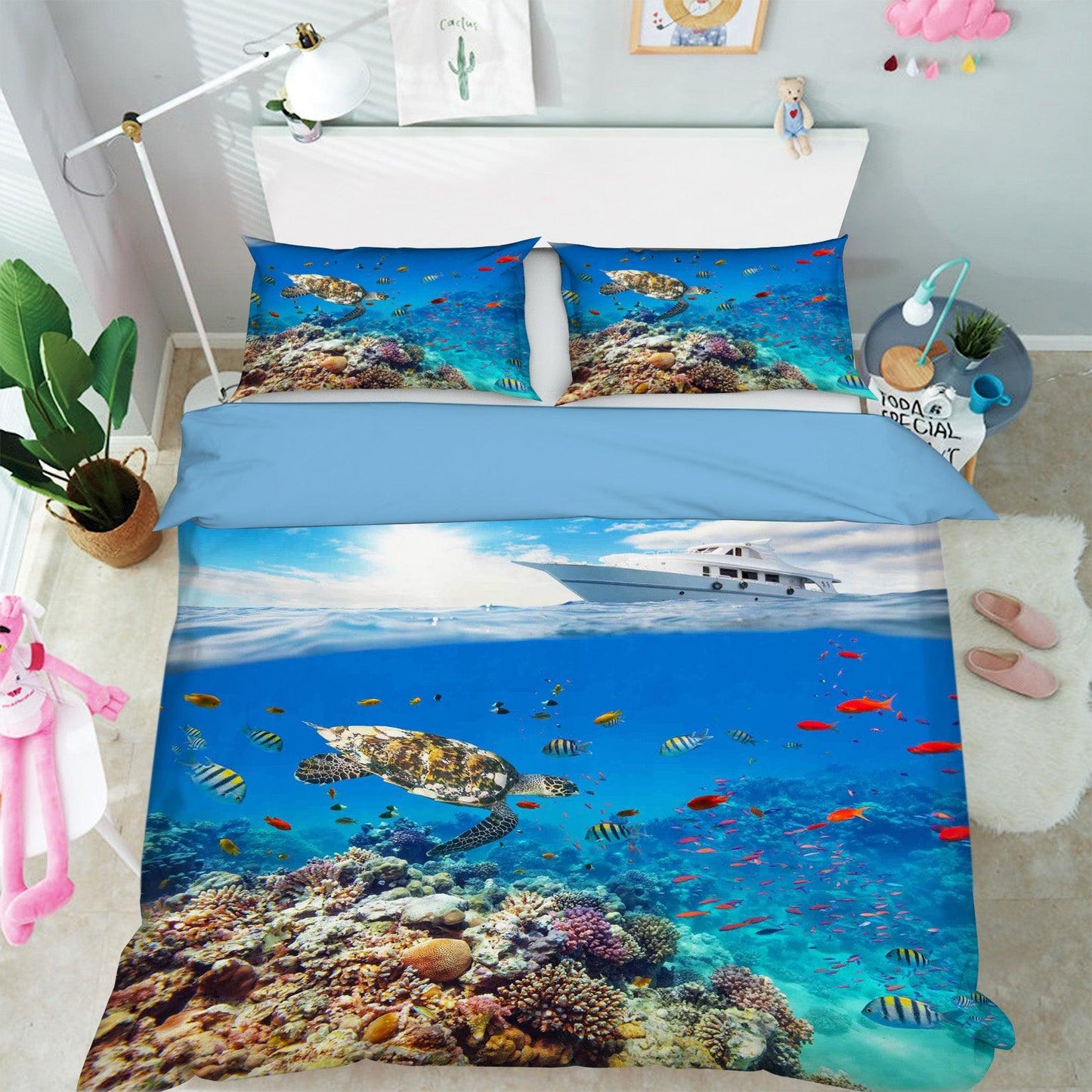 3D Blue Sea Turtle Yacht Fish Coral Quilt Cover Set Bedding Set Pillowcases 09