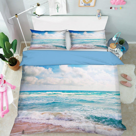 3D Blue Sky Clouds Sea Wave Beach Quilt Cover Set Bedding Set Pillowcases 77