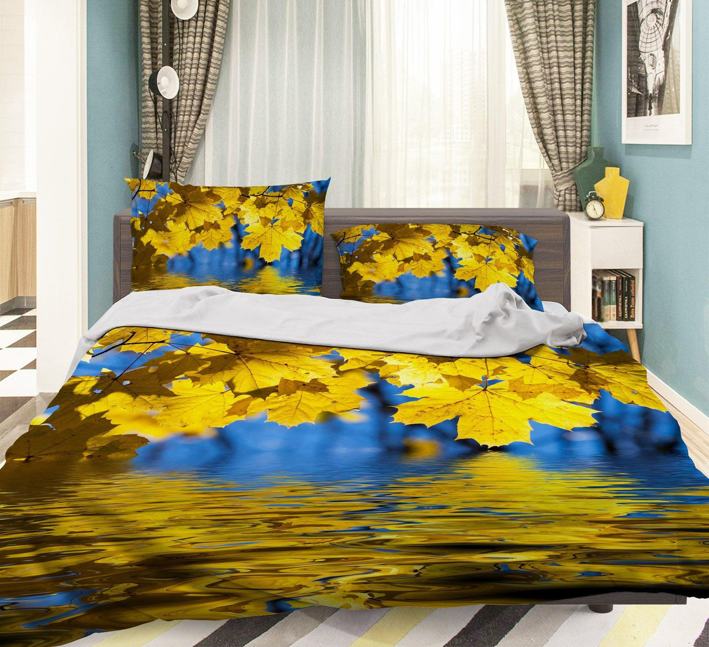 3D Blue Yellow Maple Leaves Quilt Cover Set Bedding Set Pillowcases 73