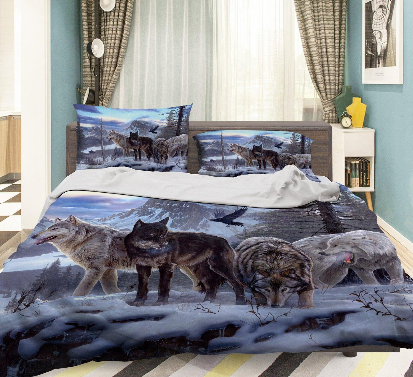 3D Blue Wolf Snow Mountains Tree Eagle Quilt Cover Set Bedding Set Pillowcases 83