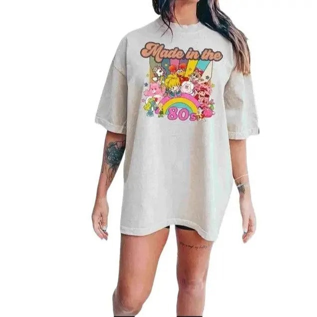 Cartoon Friends Nostalgia Tshirt, Friends 80s Cartoon Characters Rainbow Shirt, Care Bears And Strawberry Tee, 80s Cartoons Top Womenswear