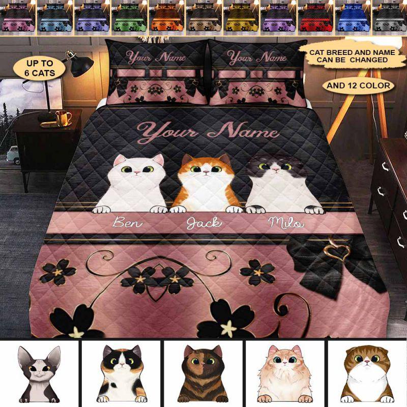 Cat Black And Pink Multi Colors Personalized Quilt Bedding Set
