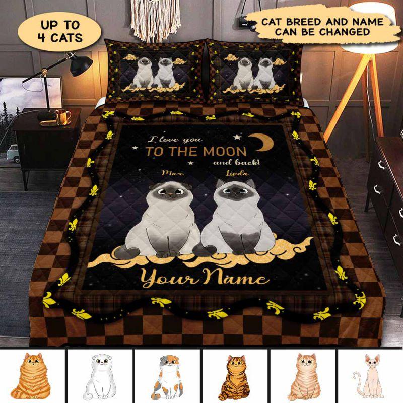 Cat I Love You To The Moon Quilt Bedding Set