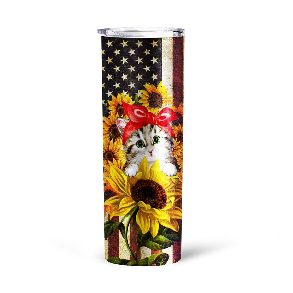 Cat Sunflower Tall Glitter Tumbler Custom American Flag