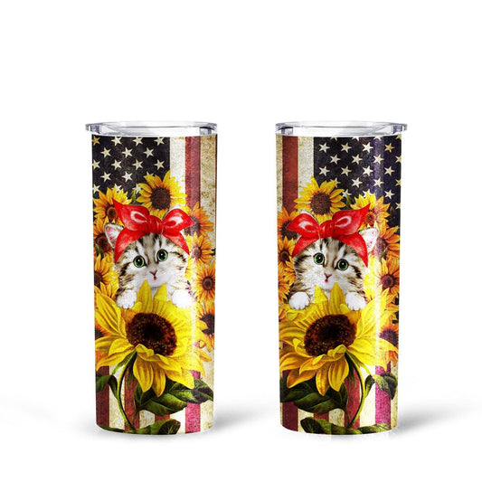 Cat Sunflower Tall Glitter Tumbler Custom American Flag
