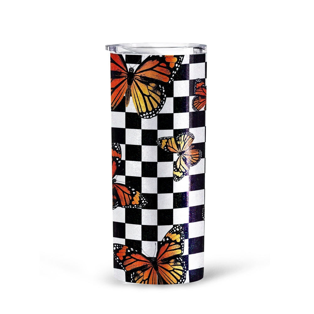 Checkerboard Butterfly Tall Glitter Tumbler Custom Pattern Car Accessories