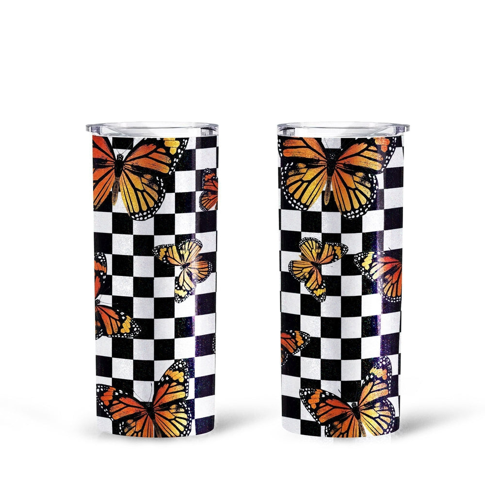 Checkerboard Butterfly Tall Glitter Tumbler Custom Pattern Car Accessories