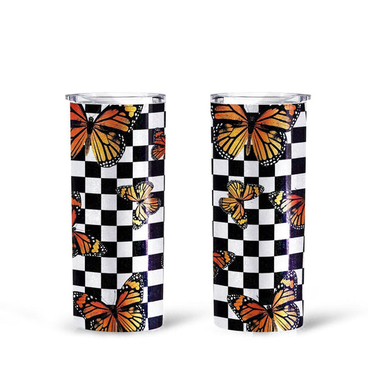 Checkerboard Butterfly Tall Glitter Tumbler Custom Pattern Car Accessories