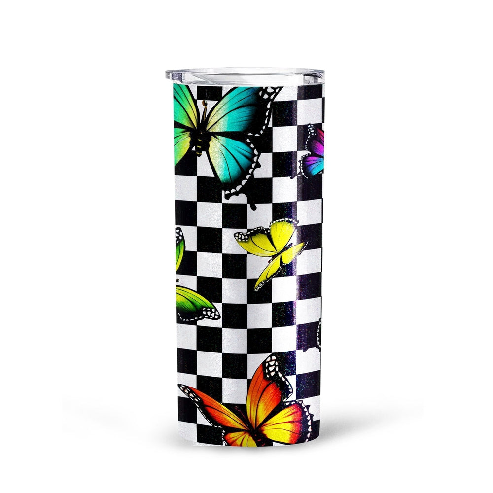 Checkerboard Butterfly Tall Glitter Tumbler Custom Pattern