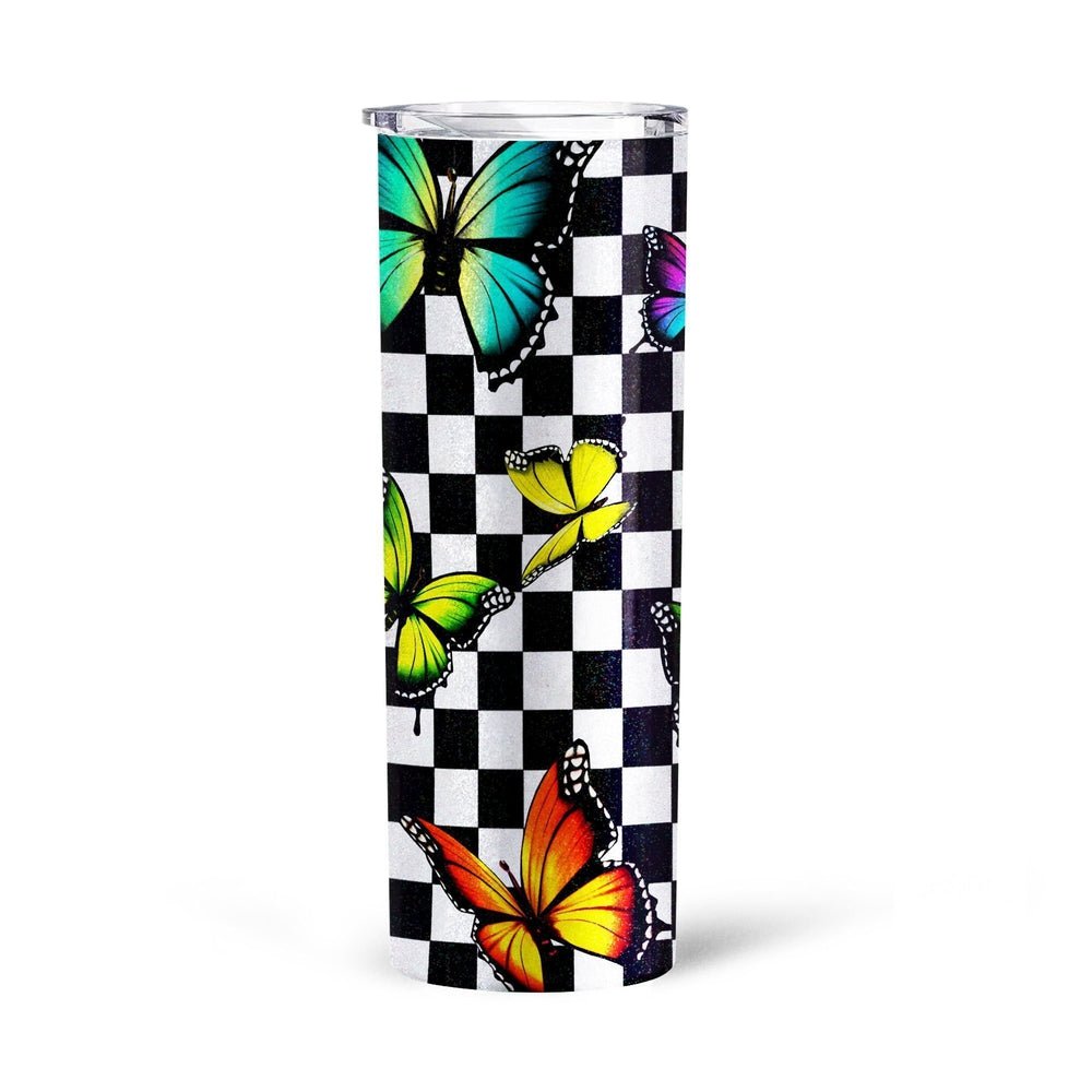 Checkerboard Butterfly Tall Glitter Tumbler Custom Pattern