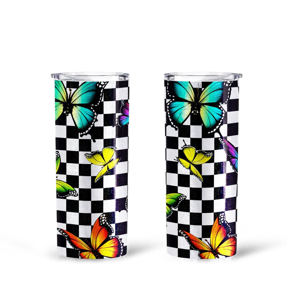 Checkerboard Butterfly Tall Glitter Tumbler Custom Pattern