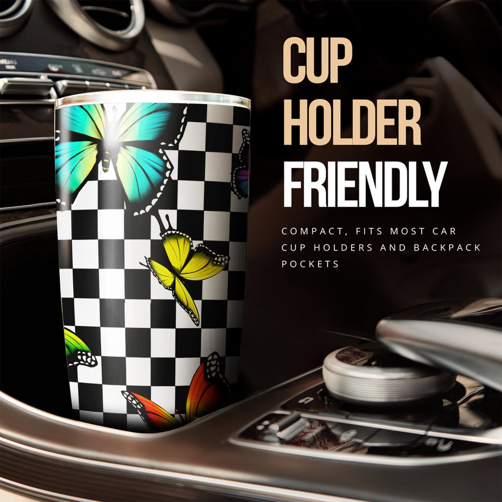 Checkerboard Butterfly Tumbler Stainless Steel Custom Pattern Car Accessories