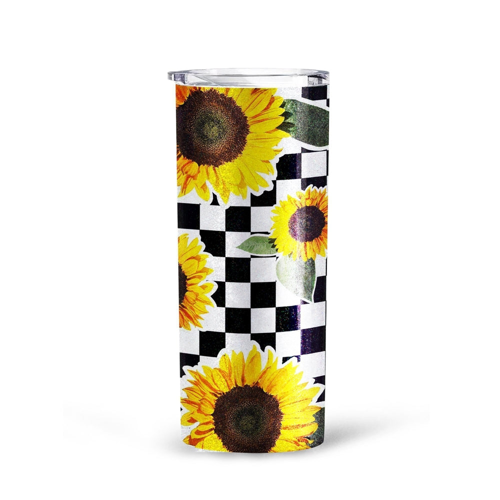 Checkerboard Sunflower Tall Glitter Tumbler Custom
