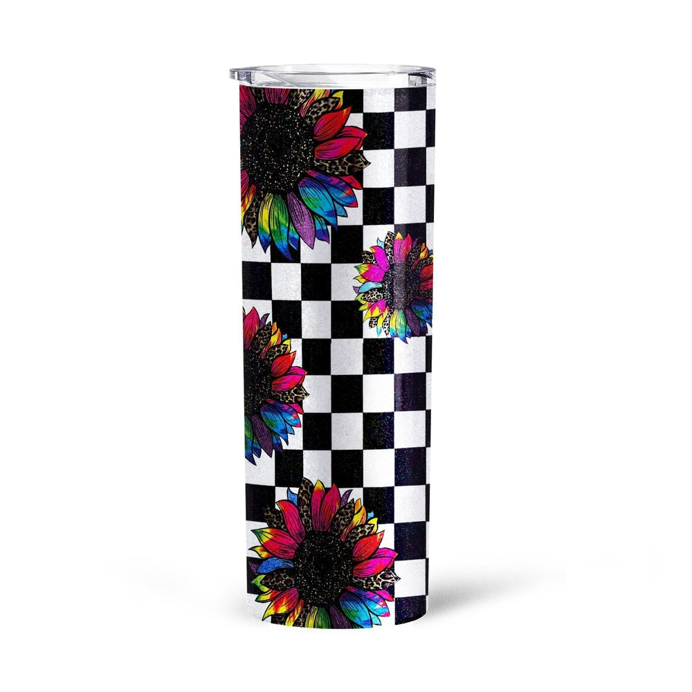 Checkerboard Sunflower Tall Glitter Tumbler Custom Leopard Pattern