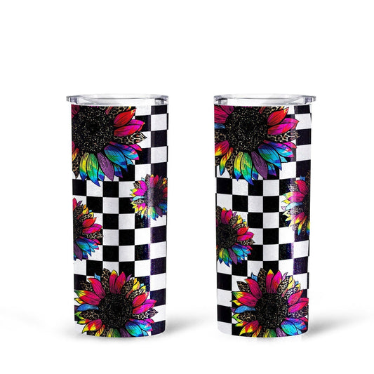 Checkerboard Sunflower Tall Glitter Tumbler Custom Leopard Pattern