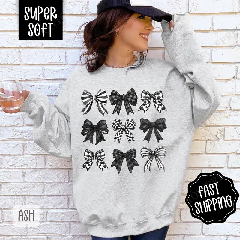 Checkered Bows Sweatshirt, Coquette Black and White Bow Sweater, Cute Women's Crewneck