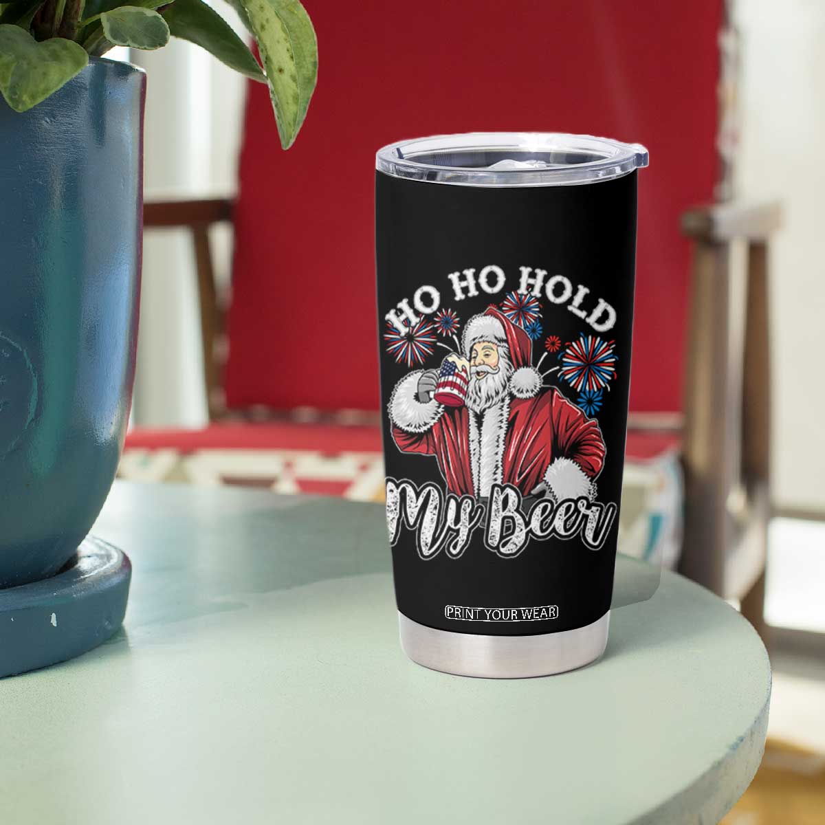 Christmas In July Tumbler Cup Ho Ho Hold My Beer Summer Santa USA Flag 4th Of July TS11