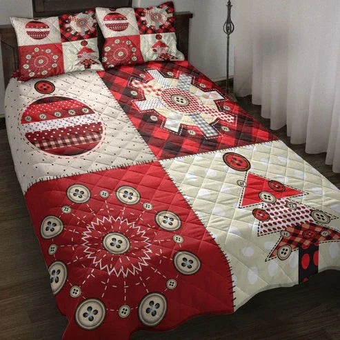 Personalized Christmas Patchwok Red Plaid Christmas Holidays 3-Piece Quilt Bedding Set With Pillowcases