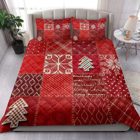 Personalized Christmas Textile Quilting Red Plaid Christmas Holidays 3-Piece Quilt Bedding Set With Pillowcases