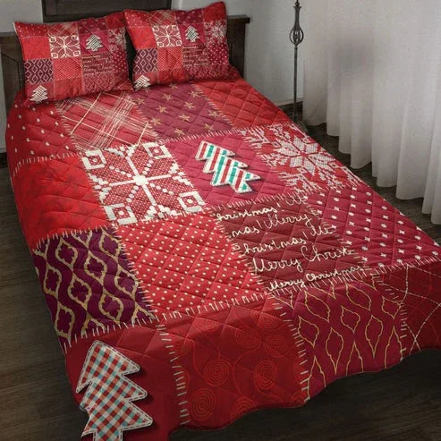 Personalized Christmas Textile Quilting Red Plaid Christmas Holidays 3-Piece Quilt Bedding Set With Pillowcases