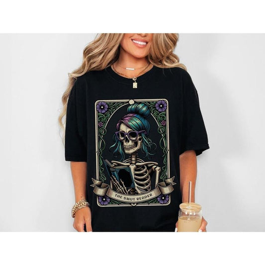 Comfort Colors Book Lover Shirt, Funny Smut Reader T-Shirt, Skeleton Reading Tarot Tee, Spicy Romance Book TShirt, Mystic Booktrovert Gift