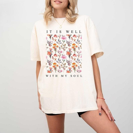 Comfort Colors Christian Shirt, It is Well With My Soul Vintage Floral Tshirt,Religious Women Gift,Jesus Apparel,Bible Verse ,Faith Tees Womenswear