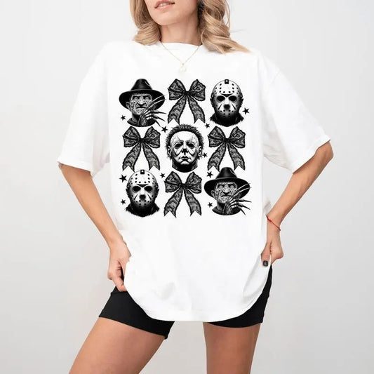 Coquette Bow Halloween Shirt , Horror Movies Shirt, Spooky Season Shirt, Gothic Shirt Cotton, Halloween Shirt, For Men, For Women, Casual, Classic Fashion Cotton Underwear Top  Womenswear Embroidered Flat