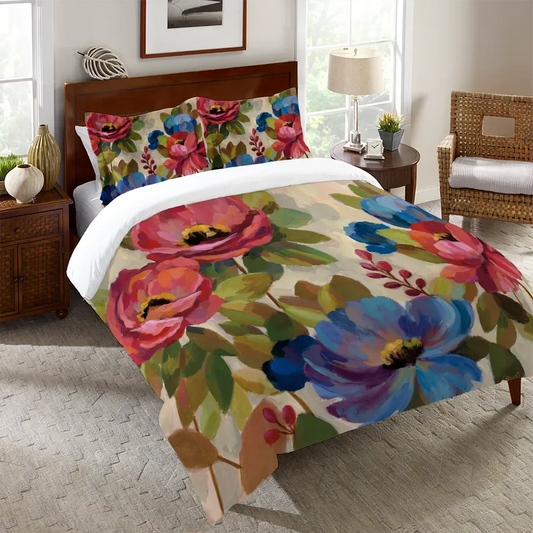 Coral and Blue Flowers Duvet Cover Bedding Set | Personalized 3-pc Duvet Cover With Pillowcases