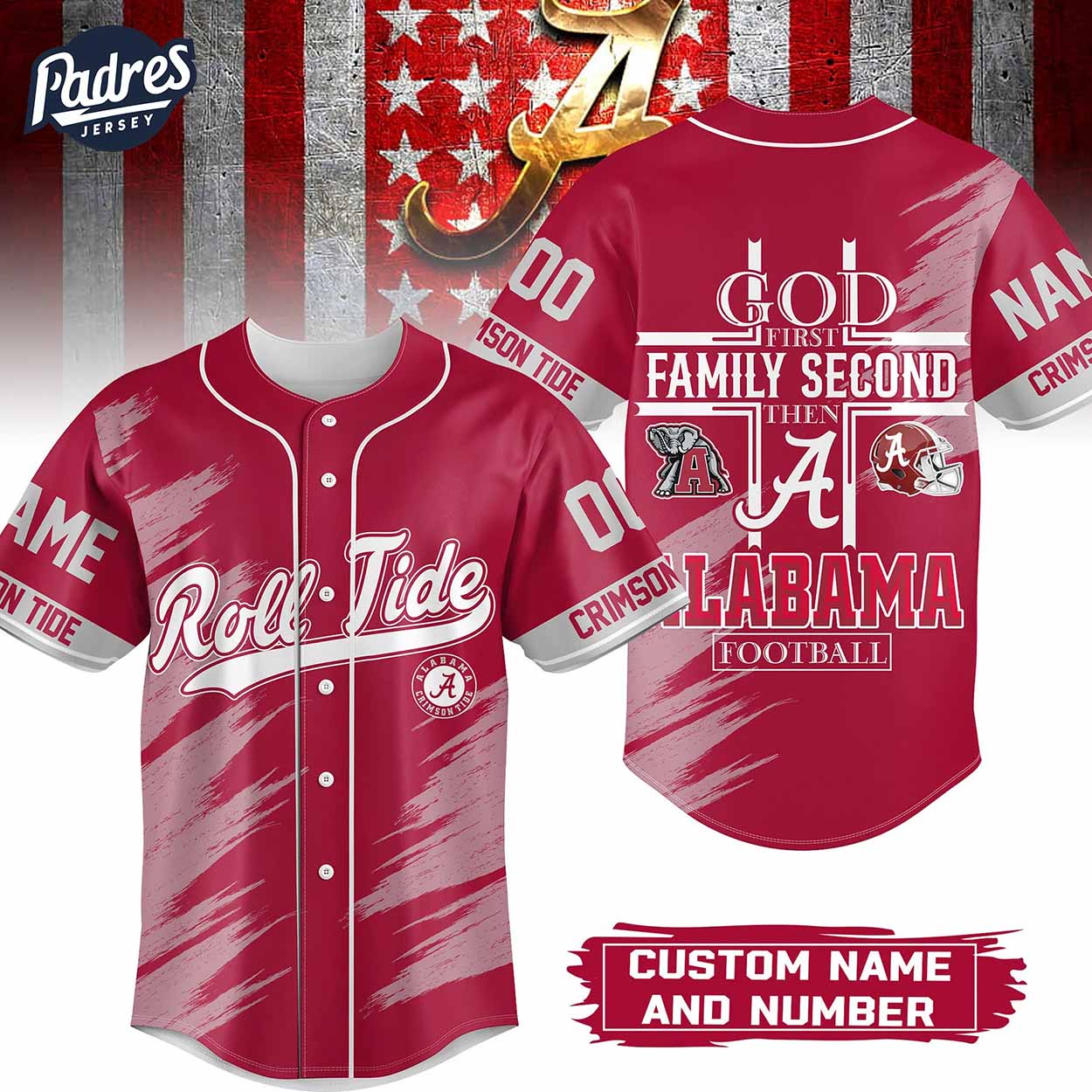 Custom God First Family Second Then Alabama Crimson Tide Football Baseball Jersey - Padres Jersey Oasis: Elevate Your Baseball Style Game