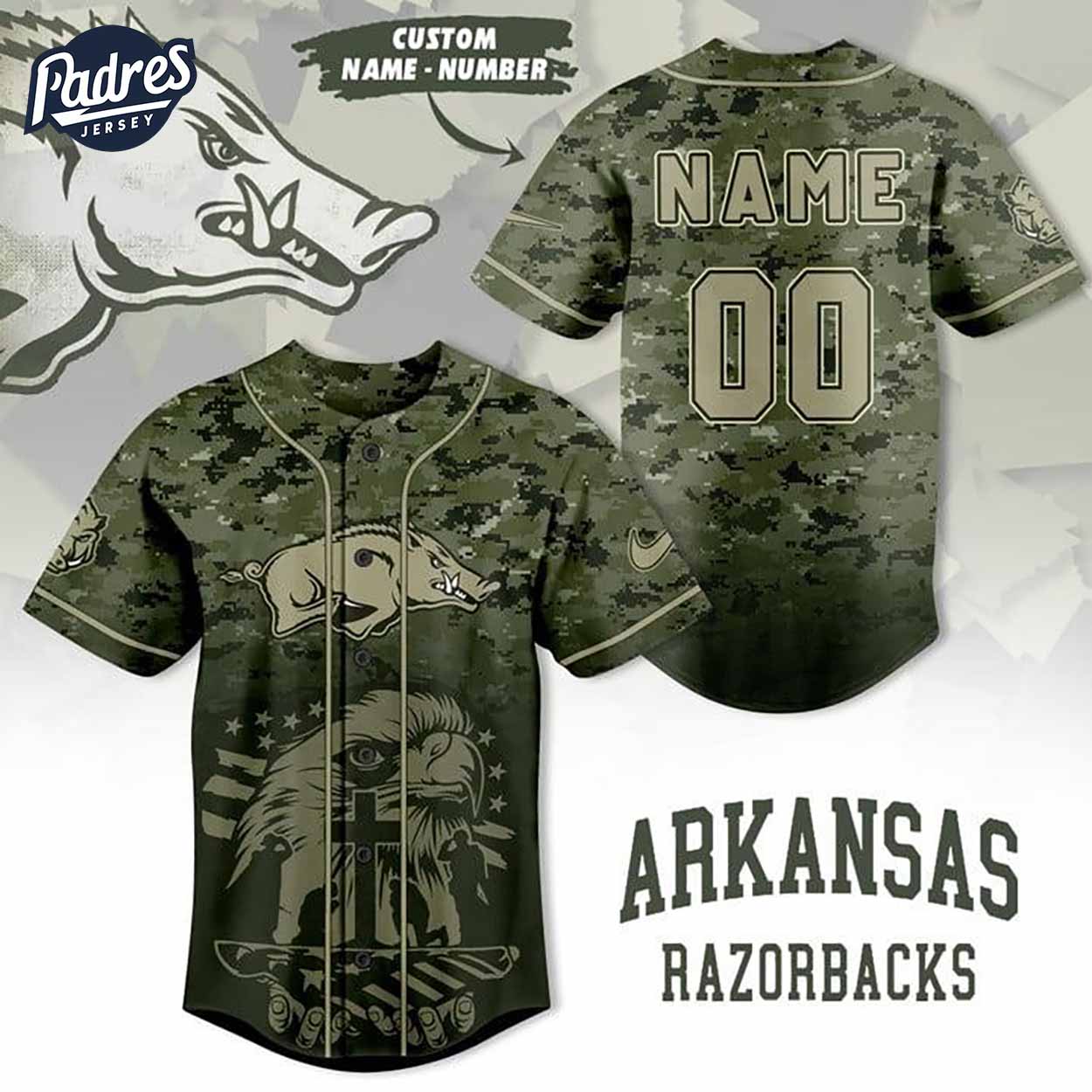 Custom NCAA Arkansas Razorbacks Eagle Camo Baseball Jersey - Padres Jersey Oasis: Elevate Your Baseball Style Game