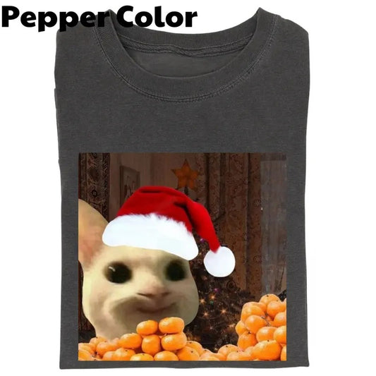 Cute Christmas Cat meme T-shirt, Vintage Funny Cat Expression Graphic Tee, Cat Lovers, Cute Kitty Meme Unisex Retro Top,Fun Pet Humor Gifts Menswear Underwear