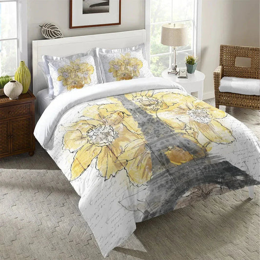 Daffodil Blooms Eiffel Tower Duvet Cover Bedding Set | Personalized 3-pc Duvet Cover With Pillowcases