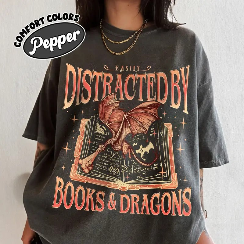 Dragon Book Shirt, Bookworm Book Dragon T-shirt, Easily Distracted By Dragons And Books Tee, Dragon Rider Fan Merch, Crewneck Cotton, Unisex SHIRT