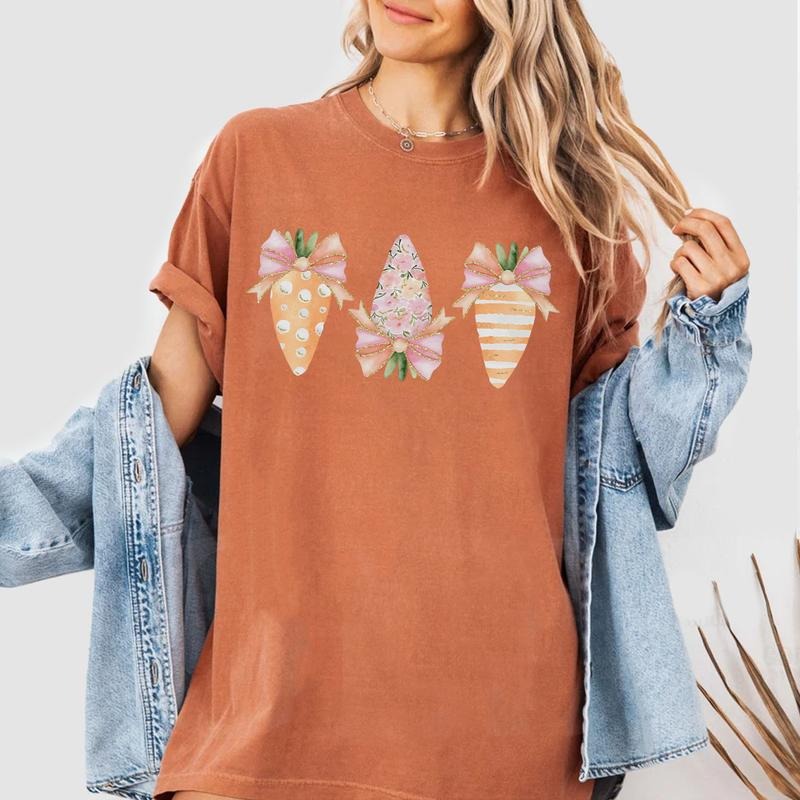Easter Carrot and Egg Shirt, Pastel Spring Tee with Bows, Cute Easter Outfit for Women, Floral and Polka Dot Easter Graphic Shirt