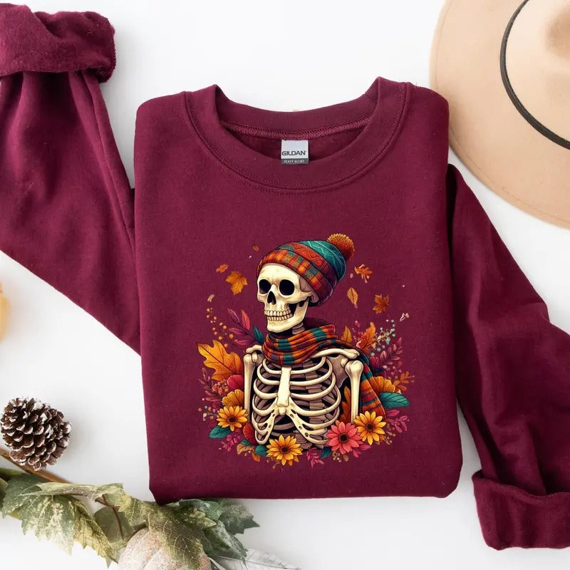 Fall Skeleton Shirt, Halloween Shirt, Skull Halloween Womens Halloween Shirt Fall Graphic Tee, Skeleton Tee, Spooky Season Retro Skull Shirt