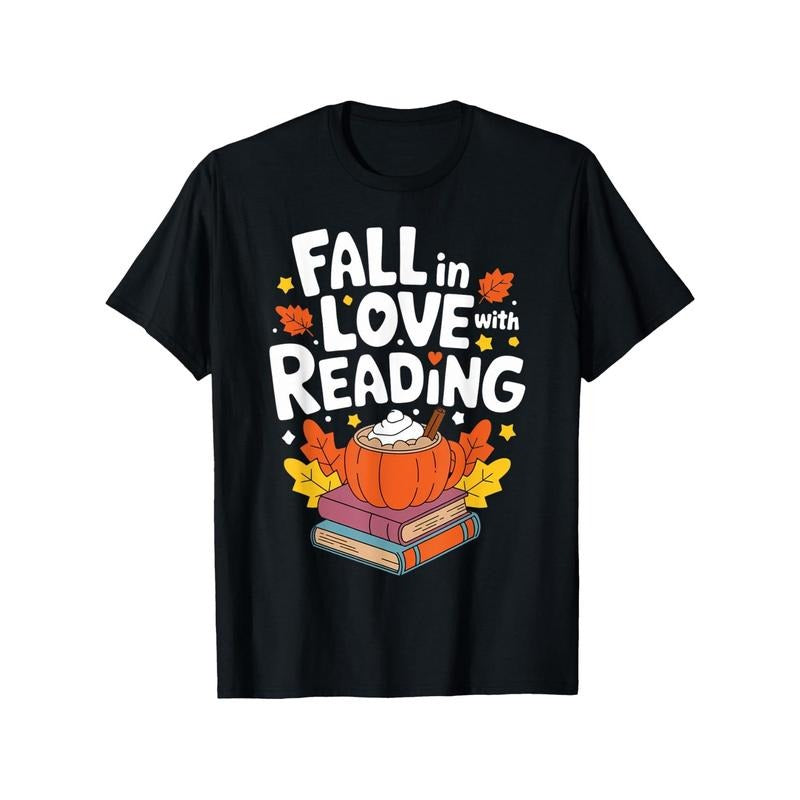 'Fall in Love with Reading' Pumpkin Graphic T-Shirt - 100% Cotton, Crew Neck, Short Sleeve, Casual Printed Tee for Adults, All-Season Comfort, Perfect Gift for Teachers, Book Lovers - Black Made in USA
