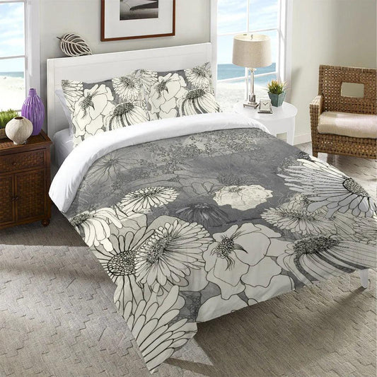 Flowers on Grey Duvet Cover Bedding Set | Personalized 3-pc Duvet Cover With Pillowcases