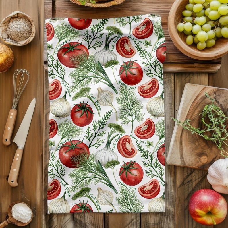 Funny Subtle F Trump Fennel, Dill, Tomato Tea Towels, Anti Trump Salad Mother's Day, Kitchen Decor, Housewarming Gift, Cotton Or Poly Blend