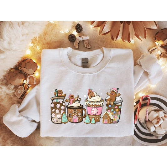 Gingerbread Christmas Coffee Sweatshirt, Christmas Coffee Sweater, Holiday Sweater, Xmas Tee, Coffee Lover Gift, Gingerbread Sweatshir, Hoodie and Sweater; T-shirt Cotton Menswear