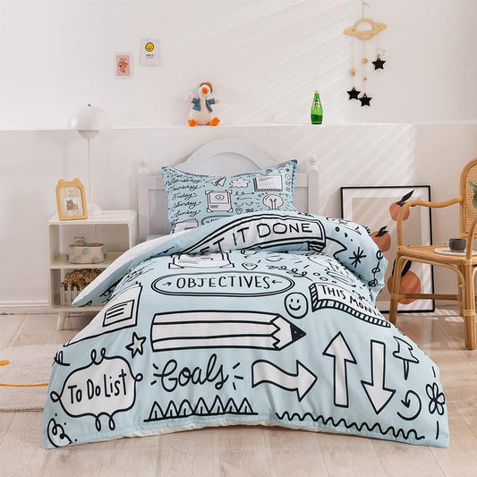3D Cartoon Blue School Supplies Quilt Cover Set Bedding Set Duvet Cover Pillowcases 388