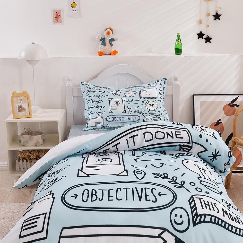 3D Cartoon Blue School Supplies Quilt Cover Set Bedding Set Duvet Cover Pillowcases 388