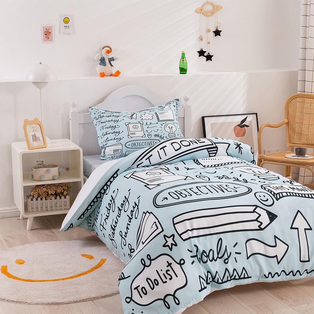 3D Cartoon Blue School Supplies Quilt Cover Set Bedding Set Duvet Cover Pillowcases 388