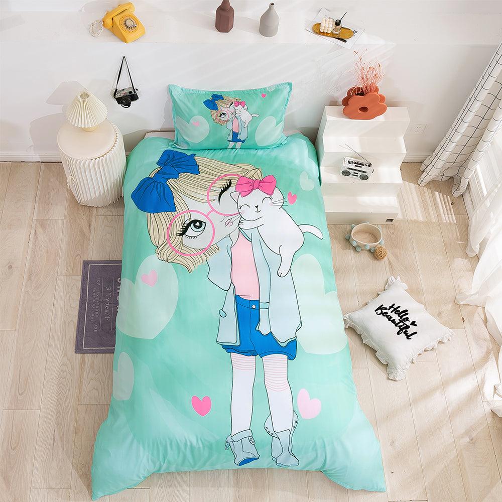 3D Cartoon Girl Cat Green Quilt Cover Set Bedding Set Duvet Cover Pillowcases 88