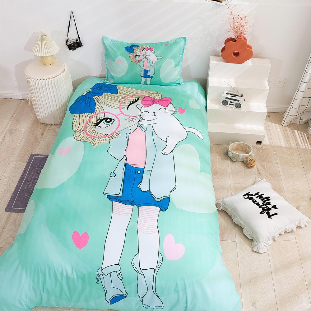 3D Cartoon Girl Cat Green Quilt Cover Set Bedding Set Duvet Cover Pillowcases 88
