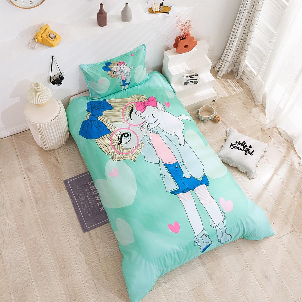 3D Cartoon Girl Cat Green Quilt Cover Set Bedding Set Duvet Cover Pillowcases 88